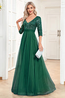 Laden Sie das Bild in den Galerie-Viewer, Schwarzes A-Linie V-Ausschnitt Pailletten Ballkleid mit kurzen Ärmeln