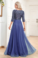 Laden Sie das Bild in den Galerie-Viewer, Schwarzes A-Linie V-Ausschnitt Pailletten Ballkleid mit kurzen Ärmeln