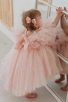 Rosa Mädchenkleid aus Tüll in A-Linie mit Flügelärmeln