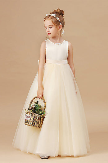 Weißes ärmelloses A-Linie Blumenmädchenkleid mit Schleife und Perlen