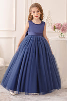 Laden Sie das Bild in den Galerie-Viewer, Weißes ärmelloses A-Linie Blumenmädchenkleid mit Schleife und Perlen