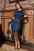 Laden Sie das Bild in den Galerie-Viewer, 1920er Blaues Pailletten Fransen Jahre Kleid mit Ärmeln