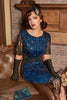 Laden Sie das Bild in den Galerie-Viewer, 1920er Blaues Pailletten Fransen Jahre Kleid mit Ärmeln