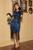 Laden Sie das Bild in den Galerie-Viewer, Golden Pailletten Fransen 1920er Jahre Kleid mit Ärmeln