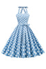 Laden Sie das Bild in den Galerie-Viewer, Neckholder Blau Polka Dots 1950er Jahre Kleid