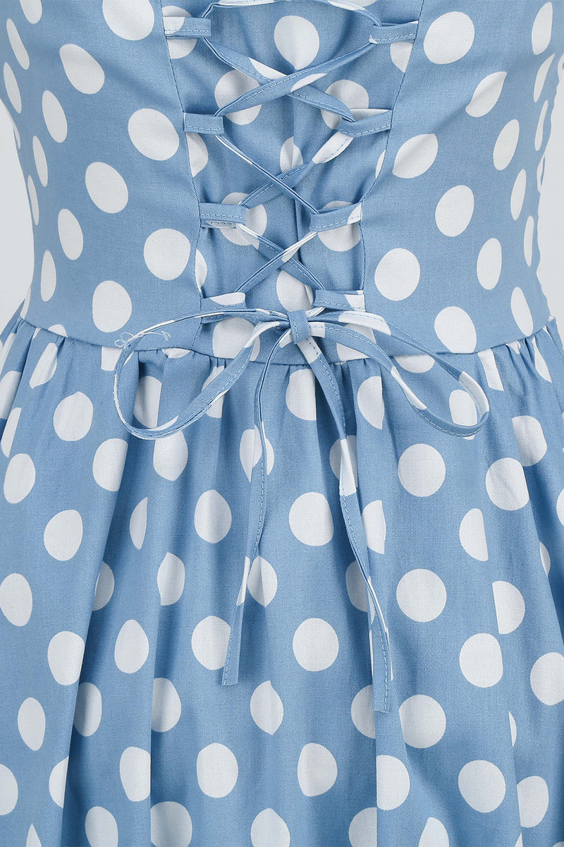 Laden Sie das Bild in den Galerie-Viewer, Neckholder Blau Polka Dots 1950er Jahre Kleid