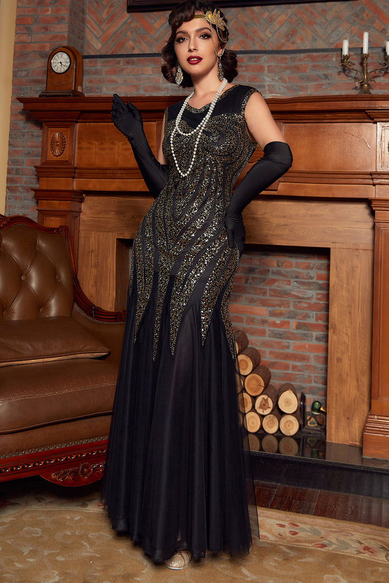Laden Sie das Bild in den Galerie-Viewer, Schwarze goldene Pailletten Langes Kleid aus den 1920er Jahren