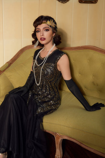 Schwarze goldene Pailletten Langes Kleid aus den 1920er Jahren