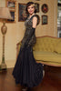 Laden Sie das Bild in den Galerie-Viewer, Schwarze goldene Pailletten Langes Kleid aus den 1920er Jahren