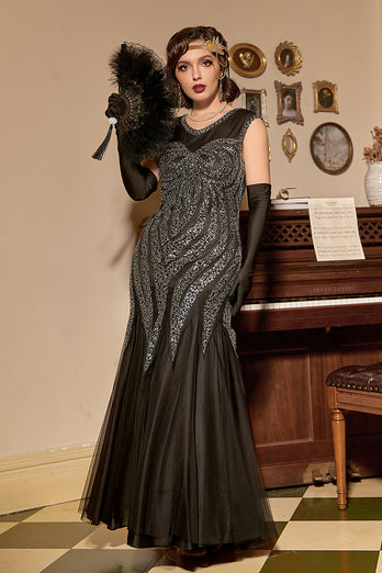 Schwarz Silber Pailletten Langes Kleid aus den 1920er Jahren