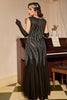 Laden Sie das Bild in den Galerie-Viewer, Schwarz Silber Pailletten Langes Kleid aus den 1920er Jahren