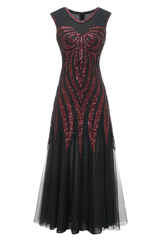 Schwarz Rote Pailletten Langes Kleid aus den 1920er Jahren