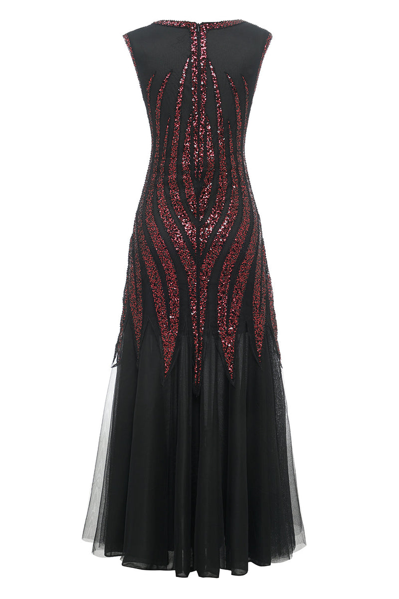 Laden Sie das Bild in den Galerie-Viewer, Schwarz Rote Pailletten Langes Kleid aus den 1920er Jahren