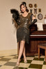Laden Sie das Bild in den Galerie-Viewer, Schwarzes goldenes Partykleid aus den 1920er Jahren mit Quaste