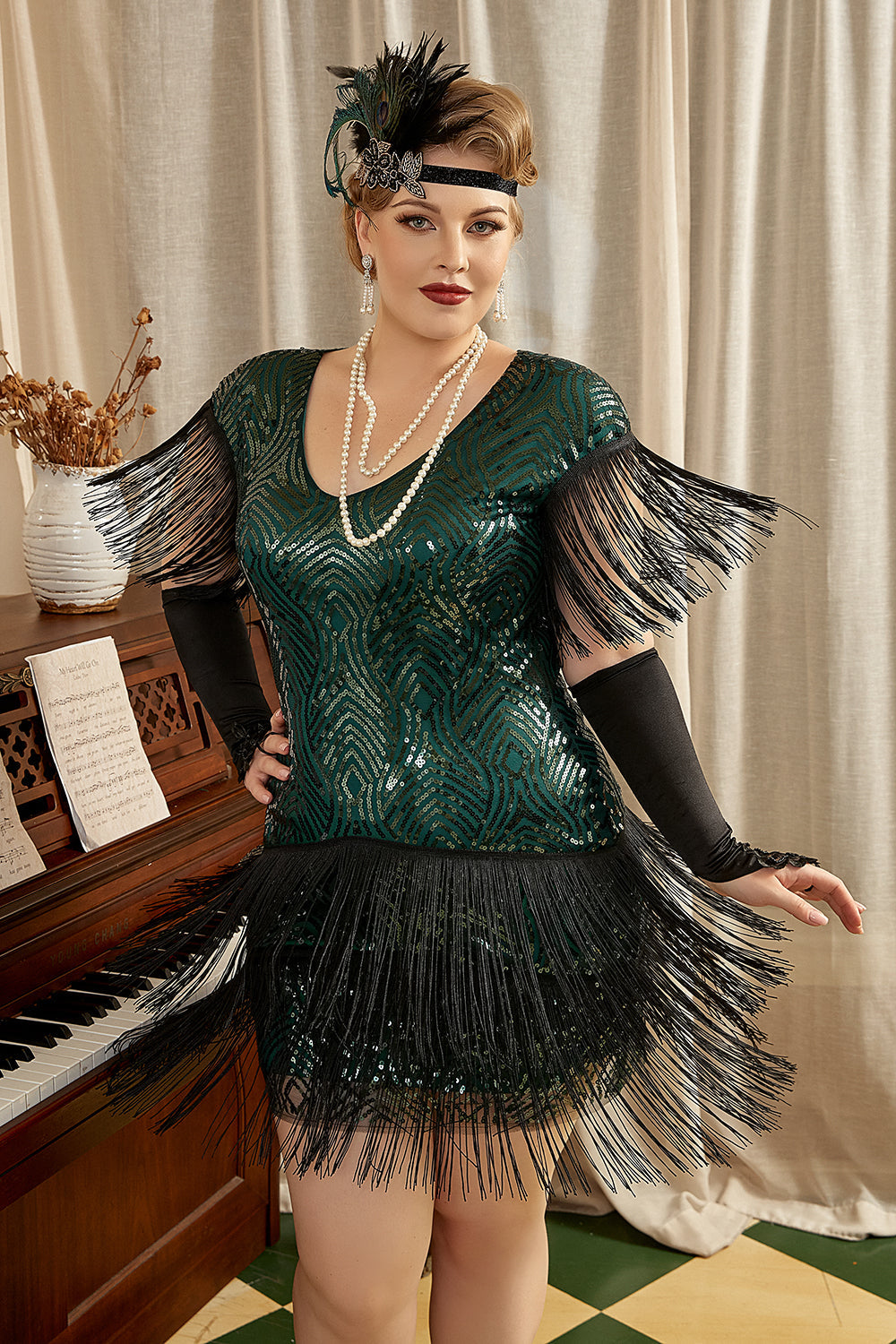 Dunkelgrünes Übergröße Gatsby Kleid aus den 1920er Jahren