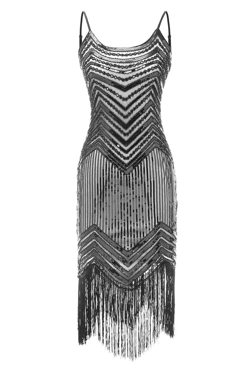 Laden Sie das Bild in den Galerie-Viewer, Bodycon Schwarz Silber Pailletten 1920er Jahre Kleid
