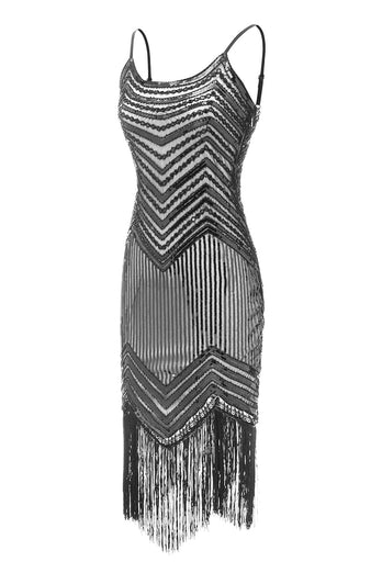 Bodycon Schwarz Silber Pailletten 1920er Jahre Kleid