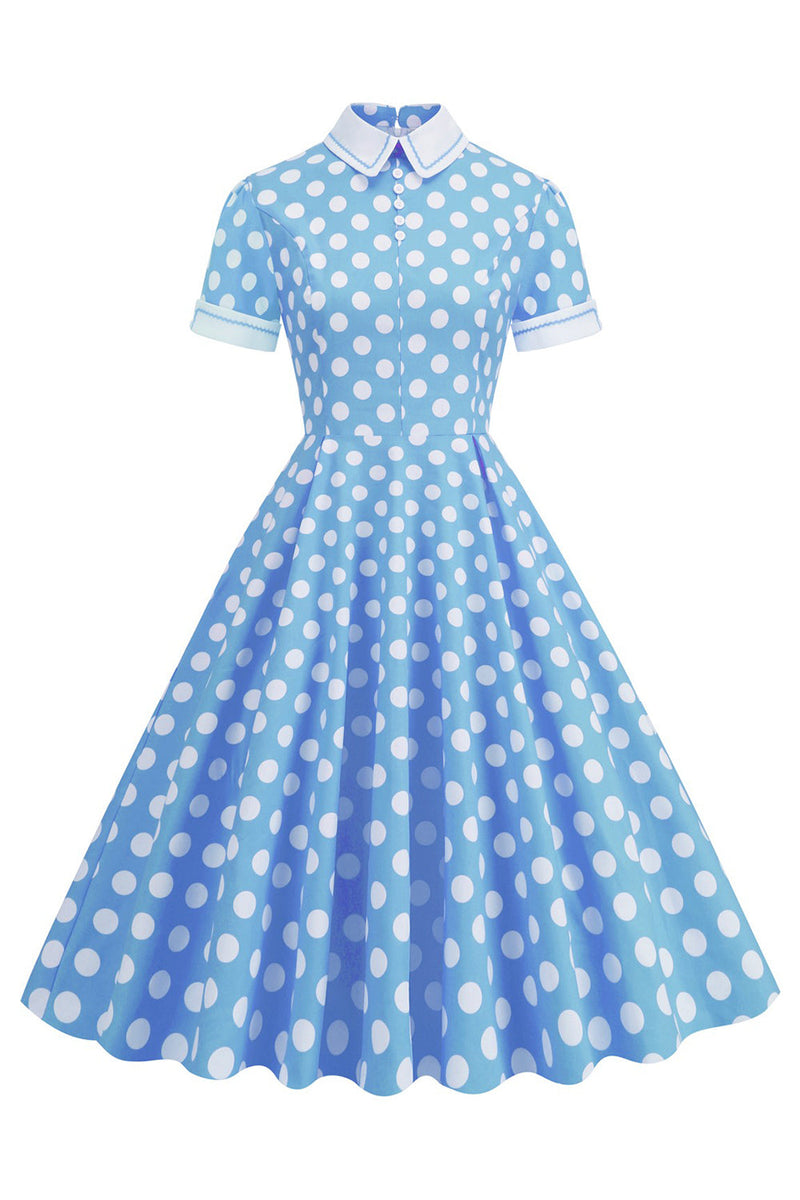 Laden Sie das Bild in den Galerie-Viewer, Hepburn Stil Polka Dots Vintage Kleid mit kurzen Ärmeln