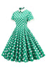 Laden Sie das Bild in den Galerie-Viewer, Grüner weißer Punkt Vintage Kleid mit kurzen Ärmeln