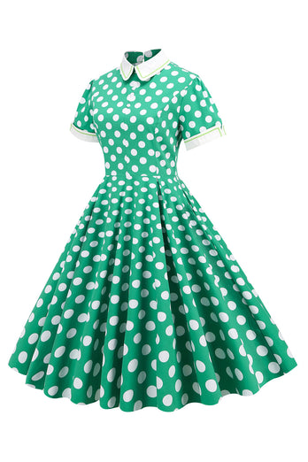 Grüner weißer Punkt Vintage Kleid mit kurzen Ärmeln