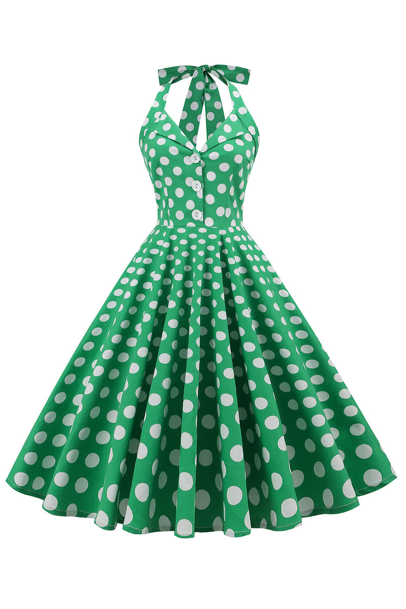 Laden Sie das Bild in den Galerie-Viewer, Grünes Neckholder Polka Dots Kleid aus den 1950er Jahren