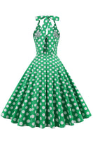 Laden Sie das Bild in den Galerie-Viewer, Grünes Neckholder Polka Dots Kleid aus den 1950er Jahren