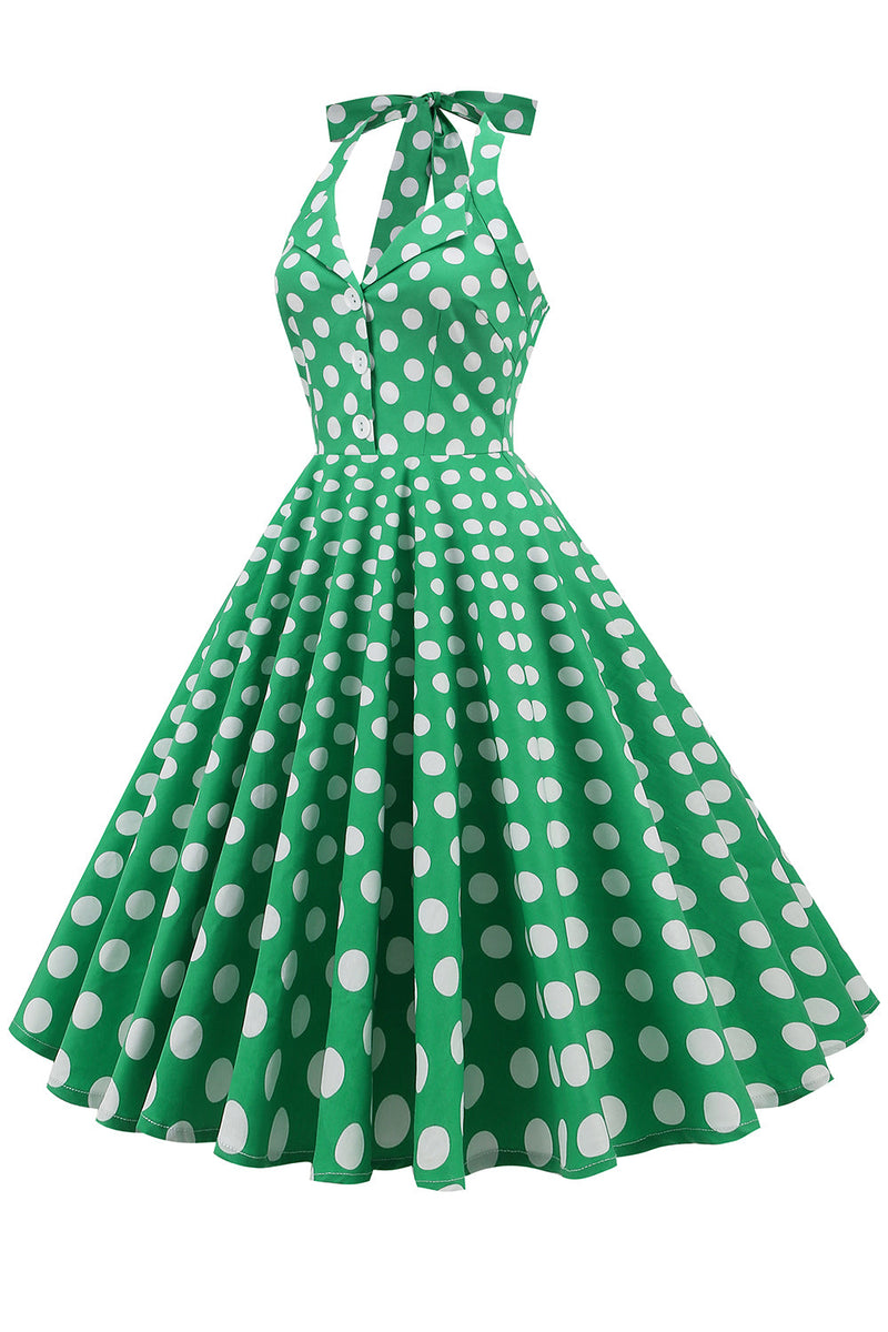 Laden Sie das Bild in den Galerie-Viewer, Grünes Neckholder Polka Dots Kleid aus den 1950er Jahren