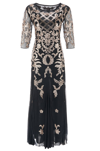 Schwarzes goldenes Pailletten Kleid aus den 1920er Jahren