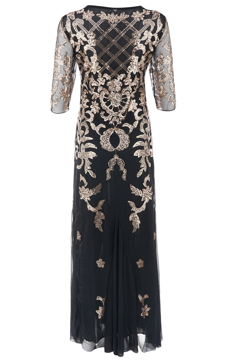 Laden Sie das Bild in den Galerie-Viewer, Schwarzes goldenes Pailletten Kleid aus den 1920er Jahren