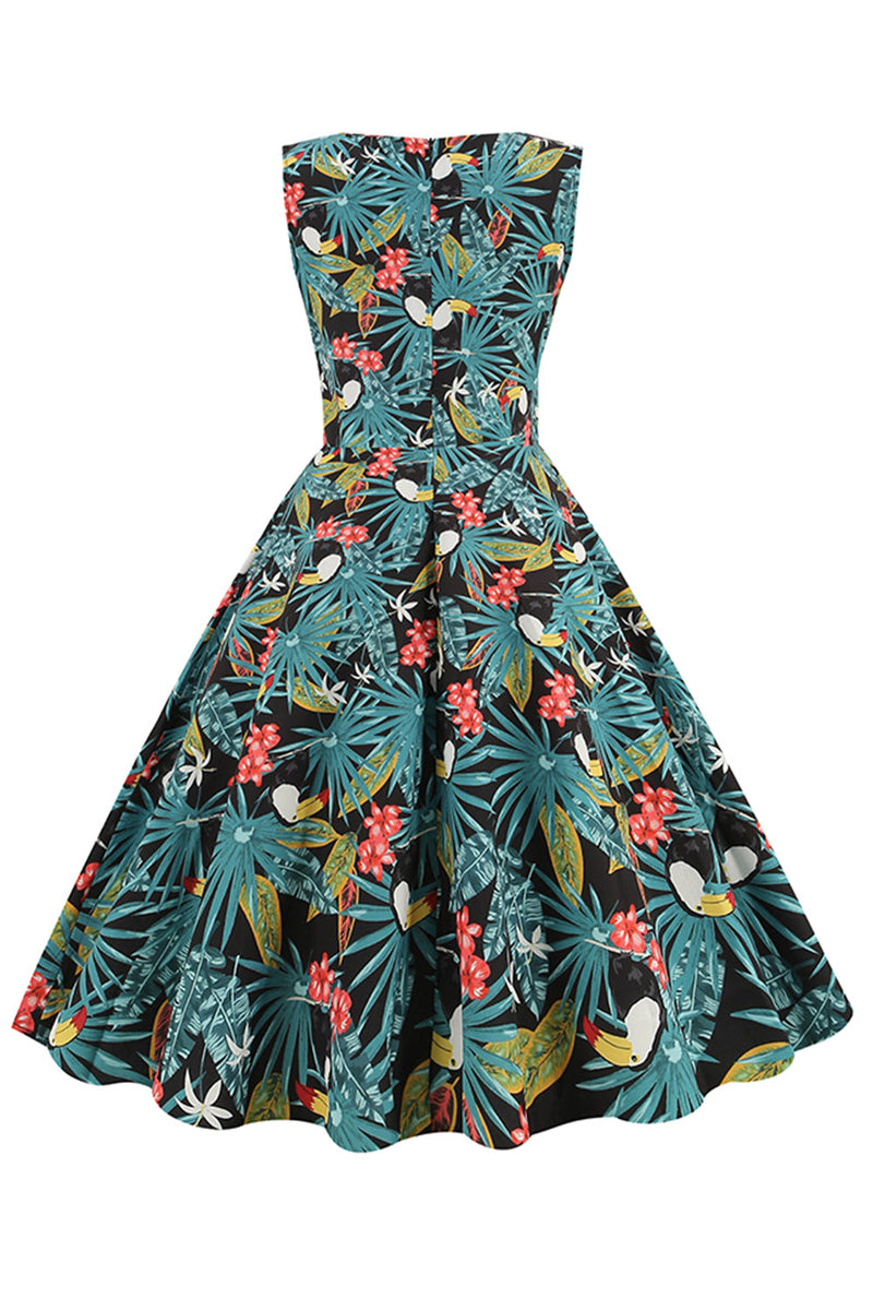 Laden Sie das Bild in den Galerie-Viewer, Grüne Blätter bedrucktes Vintage Kleid aus den 1950er Jahren