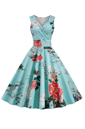 Hellblaues V-Ausschnitt 1950er Jahre Vintage Kleid