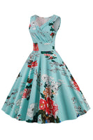 Laden Sie das Bild in den Galerie-Viewer, Hellblaues V-Ausschnitt 1950er Jahre Vintage Kleid