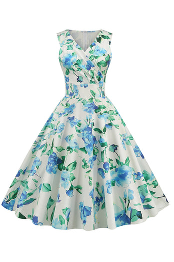 V Ausschnitt Hellblau 1950er Jahre Vintage Kleid