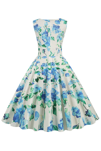 Hellblaues V-Ausschnitt 1950er Jahre Vintage Kleid