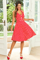 Laden Sie das Bild in den Galerie-Viewer, Hepburn Stil Neckholder Rote Knopf Polka Dots Rockabilly Kleid
