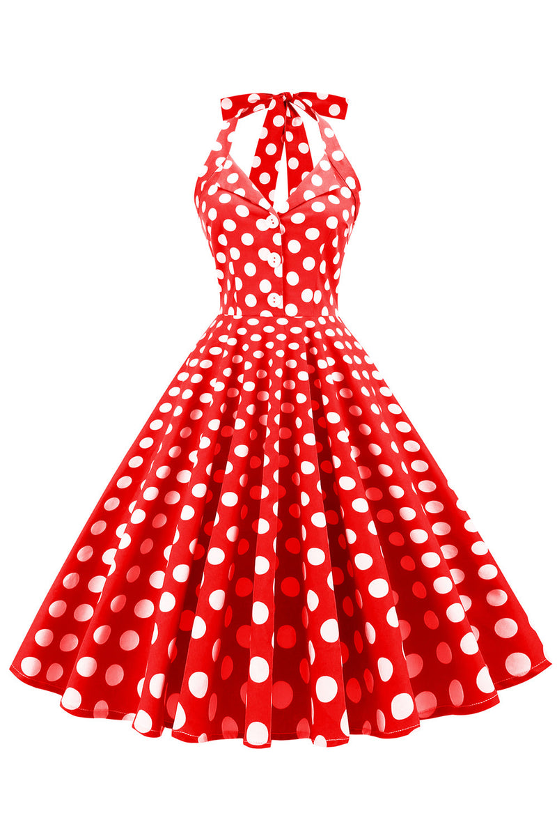 Laden Sie das Bild in den Galerie-Viewer, Rotes Button Polka Dots 1950er Jahre Pin Up Kleid