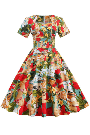 Gelb und Grün Floral Vintage 1950er Jahre Kleid mit Ärmeln