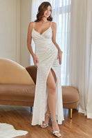 Laden Sie das Bild in den Galerie-Viewer, Weißes Meerjungfrau Pailletten Ballkleid mit Schlitz