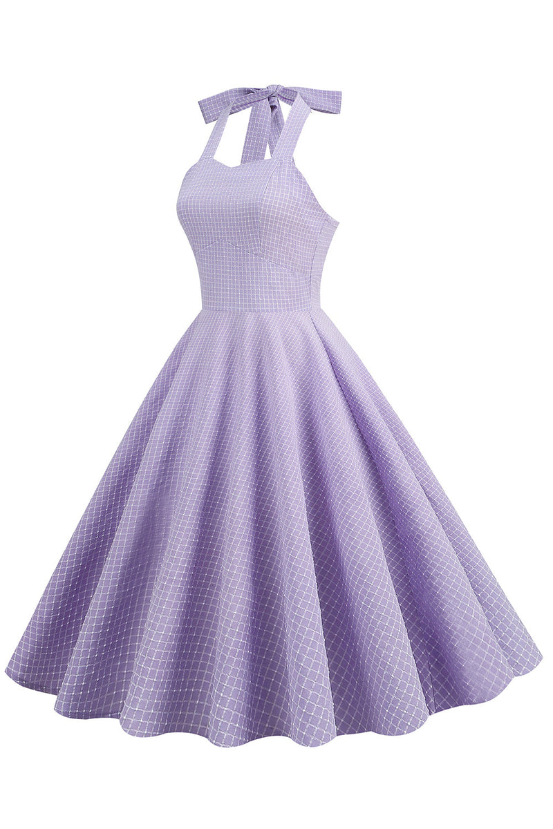 Laden Sie das Bild in den Galerie-Viewer, Lavendel Neckholder Plaid Vintage Kleid