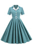 Laden Sie das Bild in den Galerie-Viewer, Vintage V Ausschnitt Blau kariertes Kleid aus den 1950er Jahren