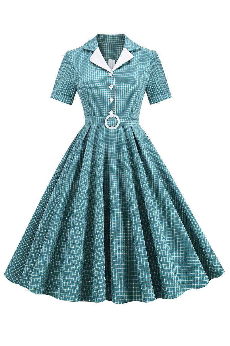 Laden Sie das Bild in den Galerie-Viewer, Vintage V Ausschnitt Blau kariertes Kleid aus den 1950er Jahren