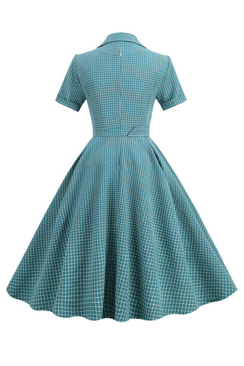 Vintage V Ausschnitt Blau kariertes Kleid aus den 1950er Jahren
