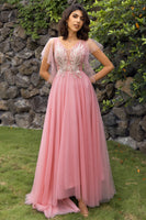 Laden Sie das Bild in den Galerie-Viewer, A Linie V Ausschnitt Blush Langes Ballkleid mit Applikationen