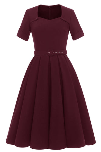Burgunder 1950er Jahre Swing Kleid mit Gürtel