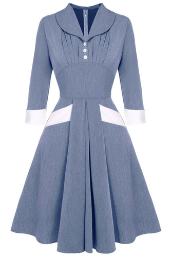 Graublaues Swingkleid aus den 1950er Jahren mit langen Ärmeln