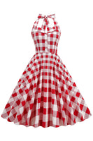 Laden Sie das Bild in den Galerie-Viewer, Rot kariertes Neckholder 1950er Jahre Swing Kleid