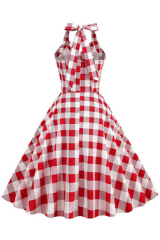 Rot kariertes Neckholder 1950er Jahre Swing Kleid