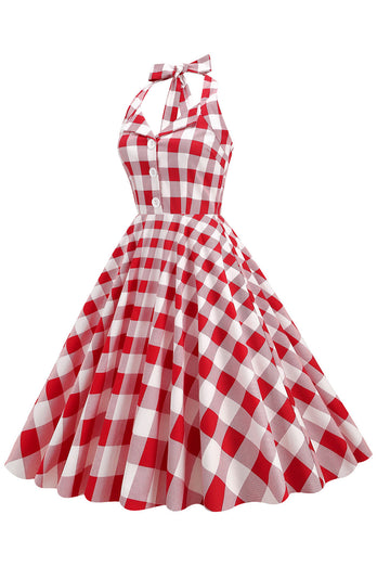 Rot kariertes Neckholder 1950er Jahre Swing Kleid