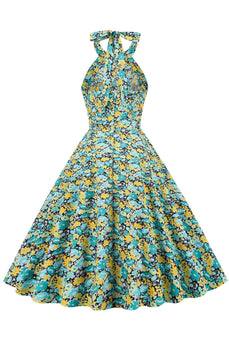 Blaues gelbes Blumen Neckholder Pin-up Kleid