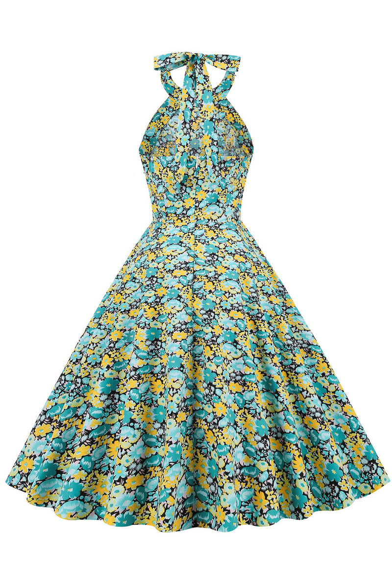 Laden Sie das Bild in den Galerie-Viewer, Blaues gelbes Blumen Neckholder Pin-up Kleid